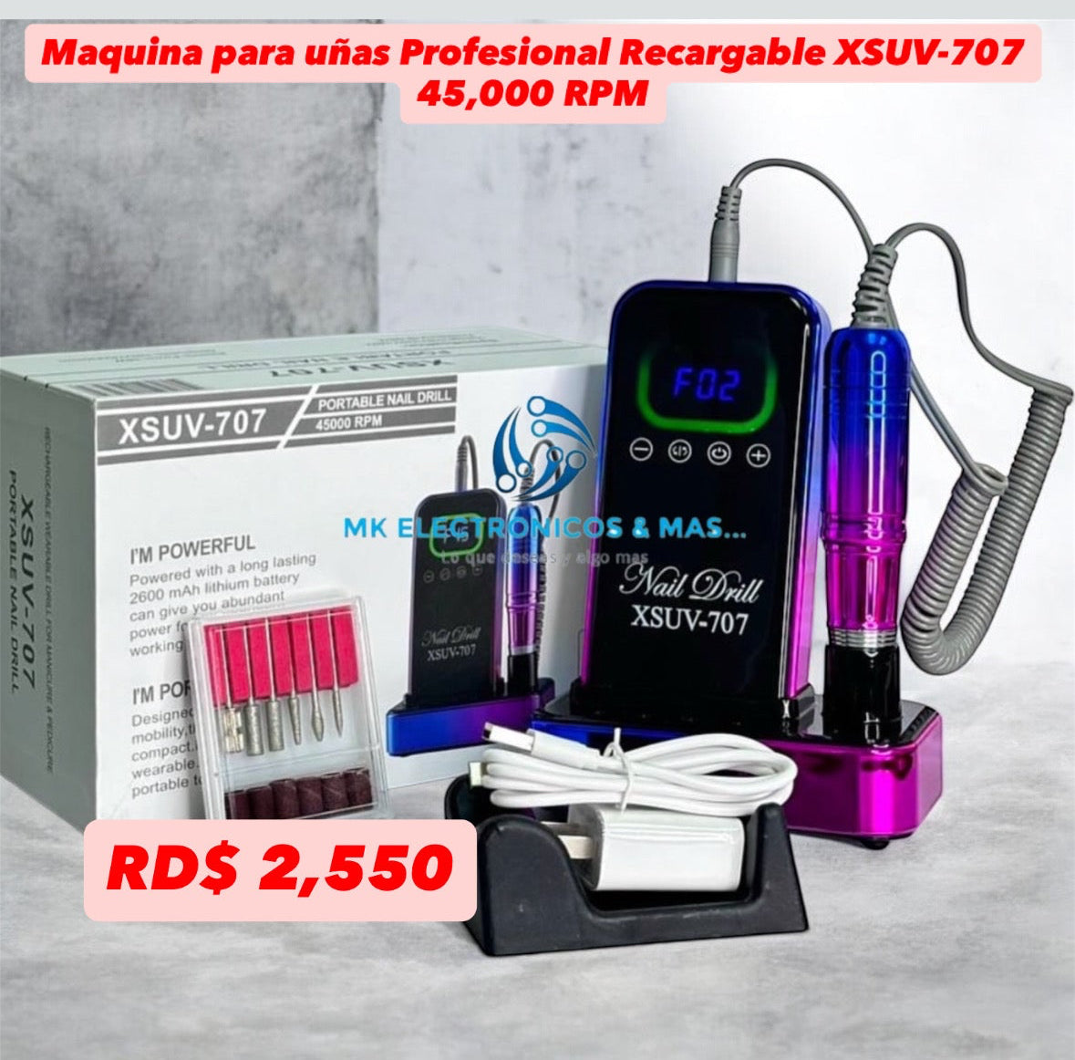 Drill para Uñas Profesional Recargable 45,000 RPM - Modelo XSUV-707