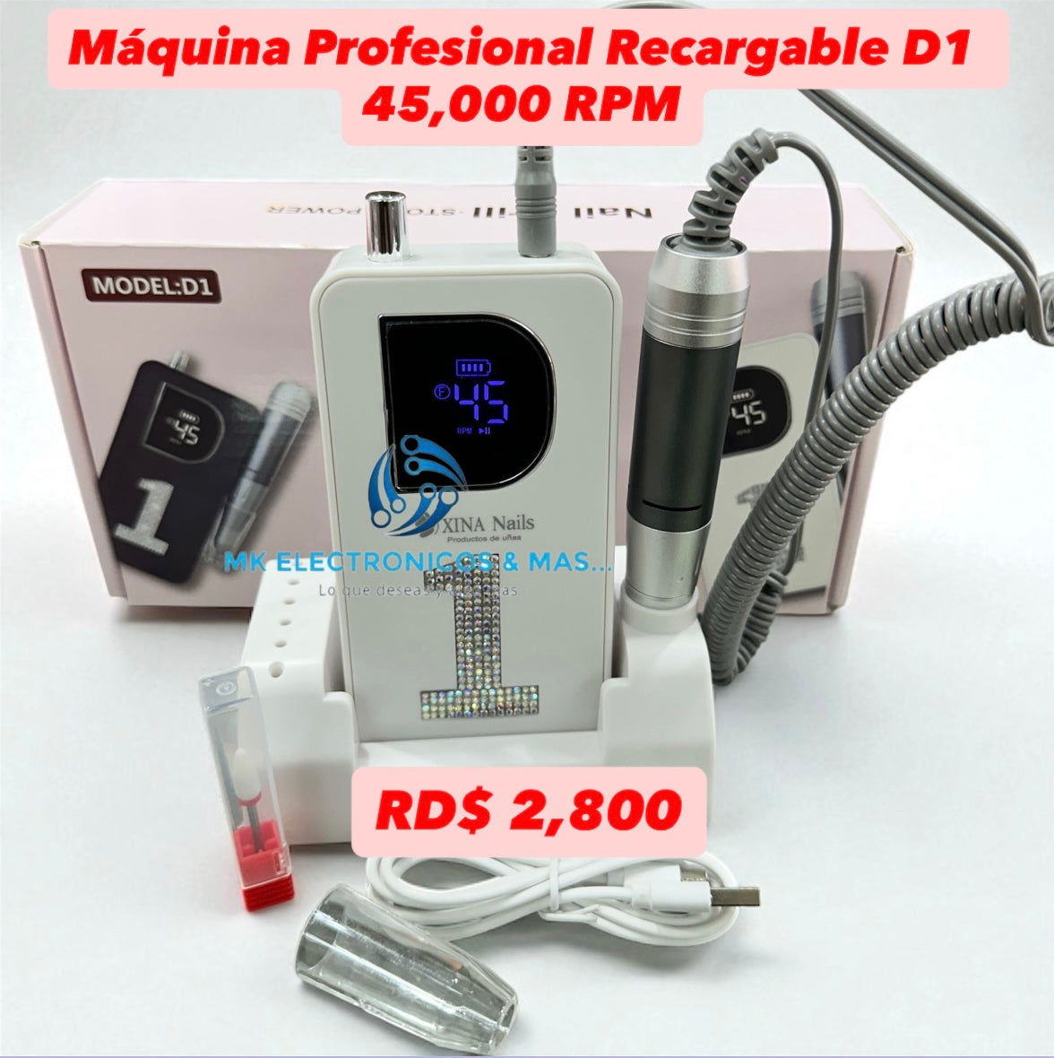 Máquina de uñas profesional recargable D1 45,000 RPM