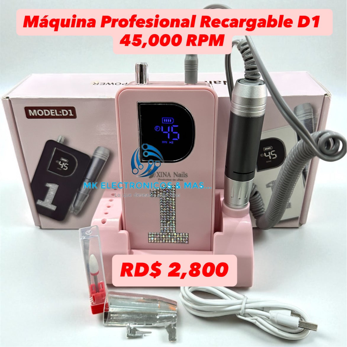 Máquina de uñas profesional recargable D1 45,000 RPM