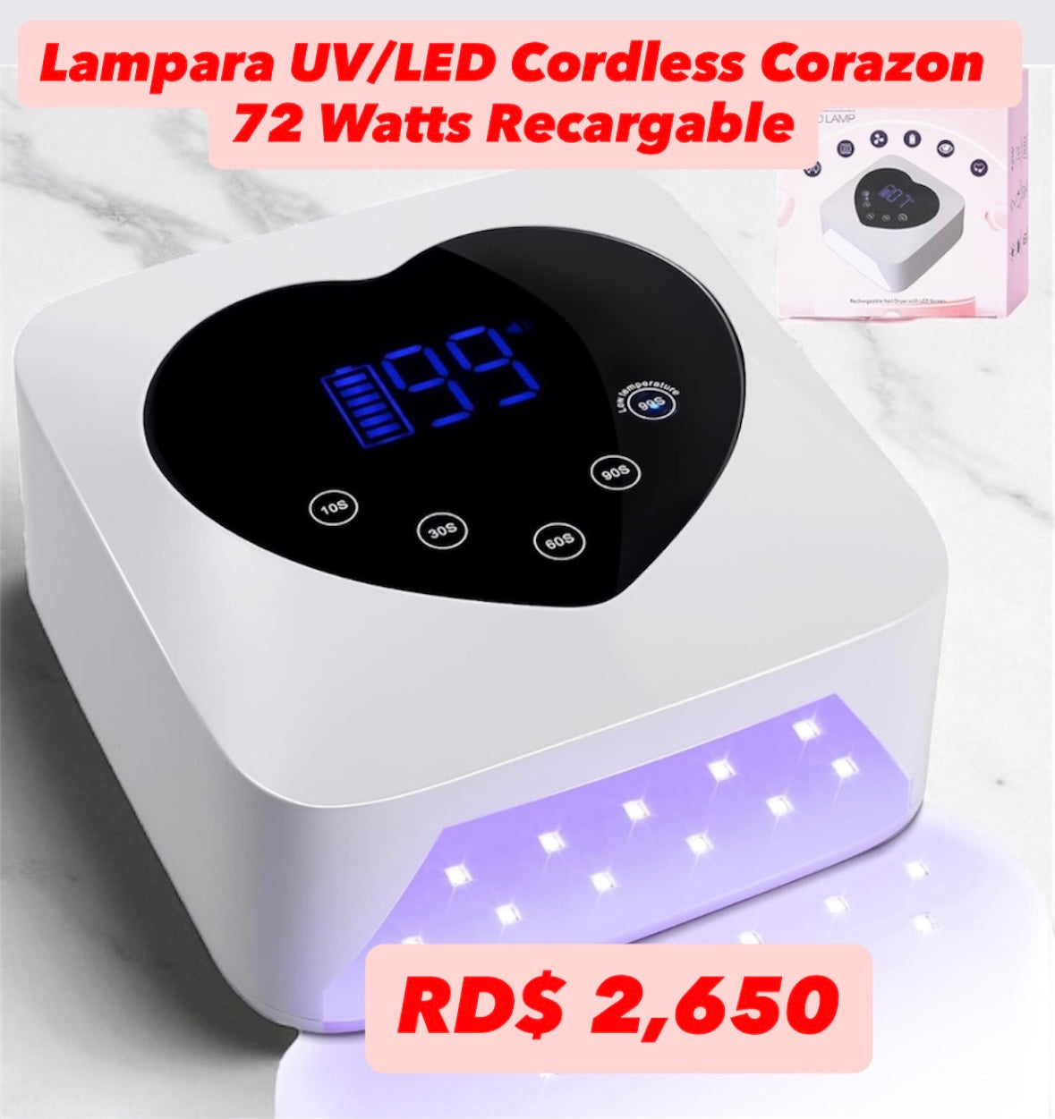 Lampara UV/LED Cordless Corazon 72 Watts Recargable Blanca