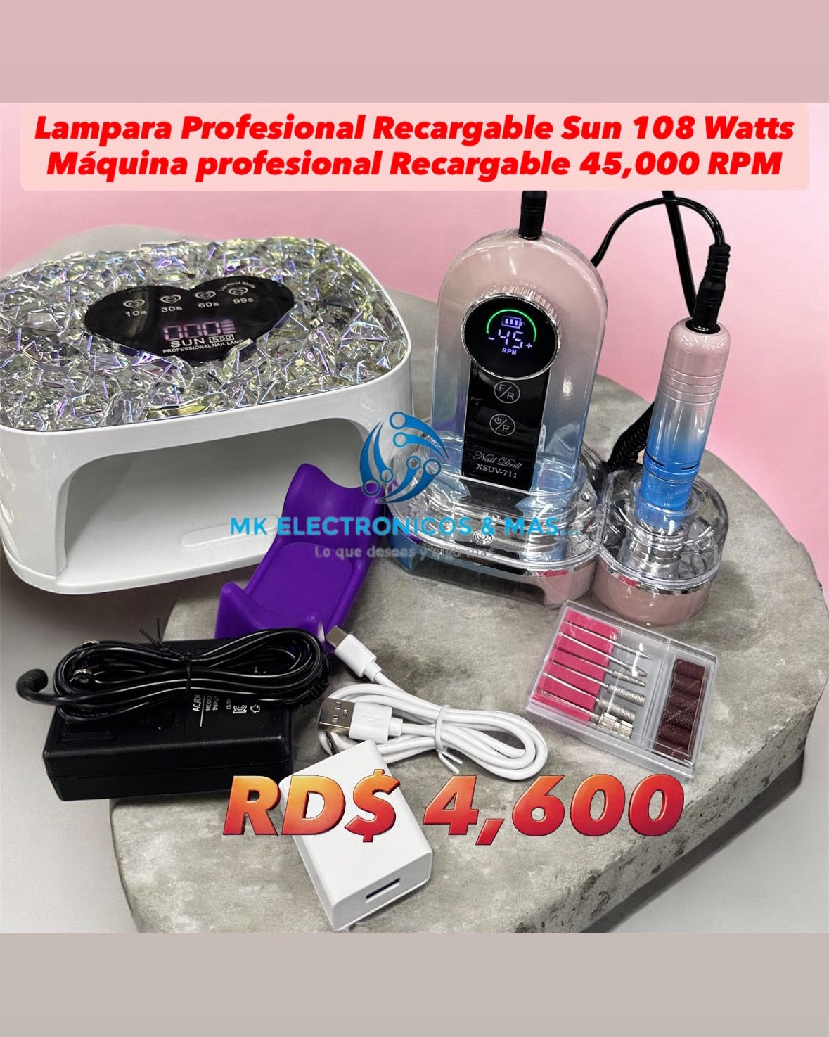 Combo Máquina Profesional Recargable XSUV 710 45,000 RPM + Lampara UV/LED Sun S50 108 Watts
