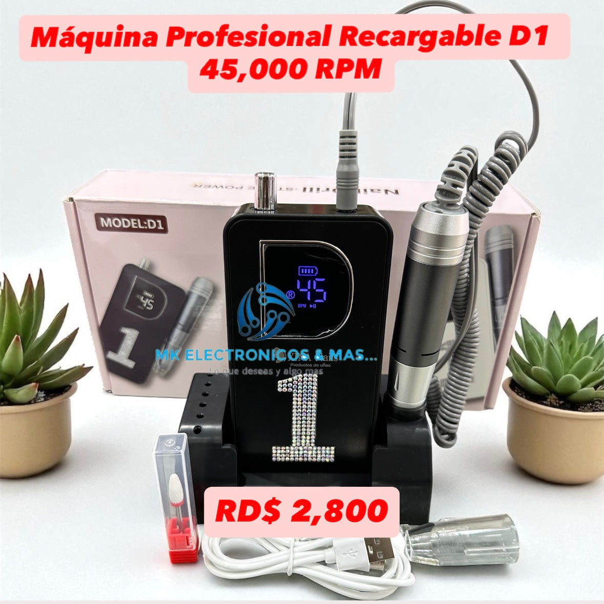 Máquina de uñas profesional recargable D1 45,000 RPM