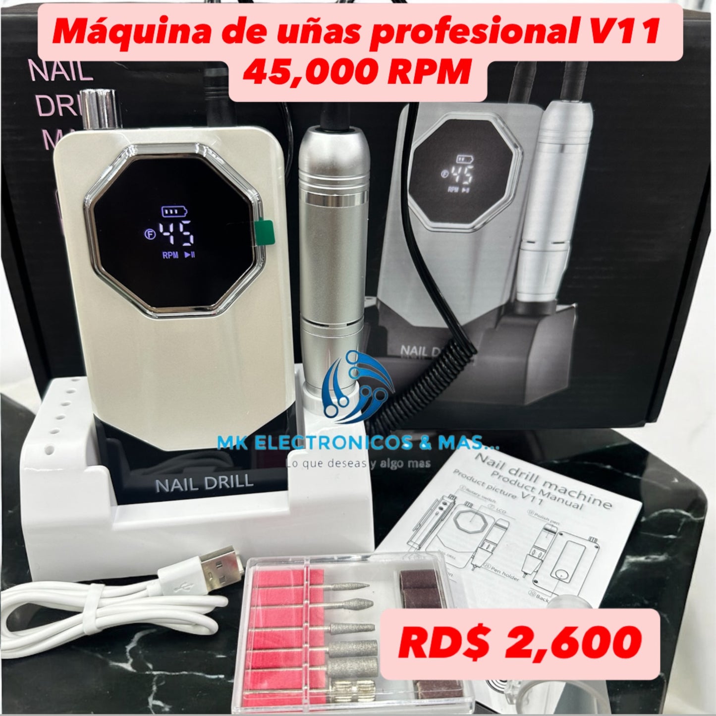 Maquina de uñas profesional recargable V11 45,000 RPM
