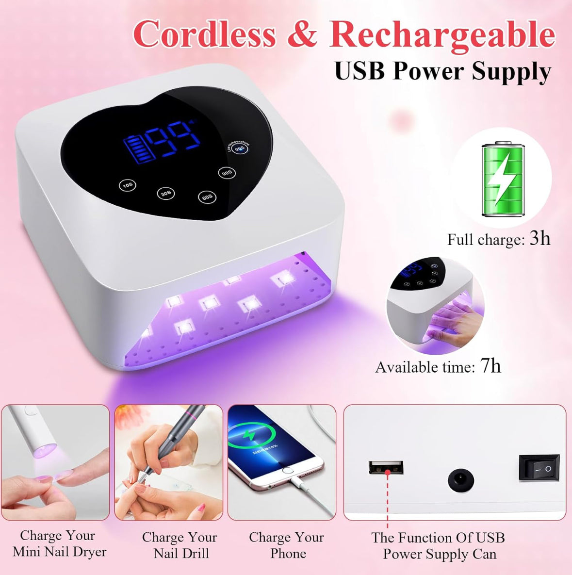 Lampara UV/LED Cordless Corazon 72 Watts Recargable Blanca