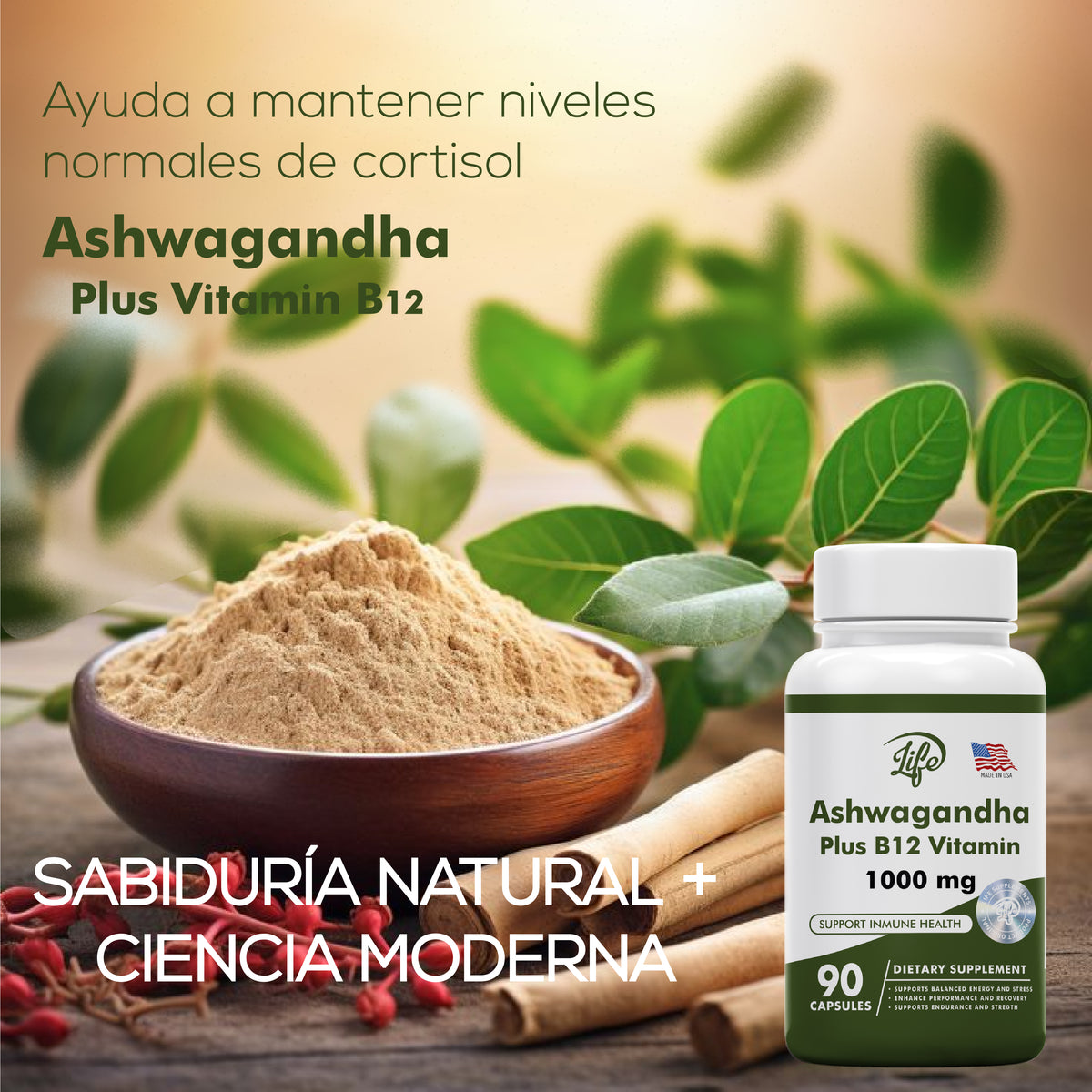 Ashwagandha + Vitamina B12 1000 mg | Energía y Bienestar Diario
