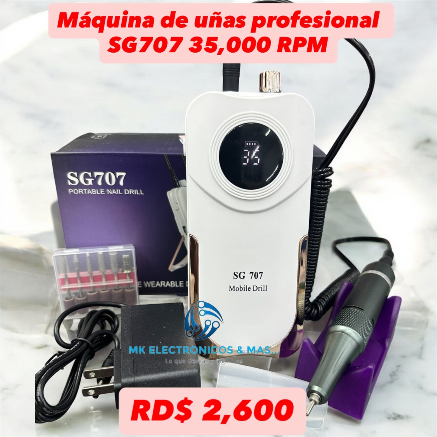 Máquina de uñas profesional recargable SG707 35,000 RPM Blanca