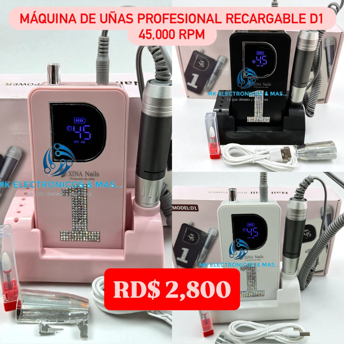 Máquina de Uñas Profesional Recargable D1 - 45,000 RPM Inalámbrica