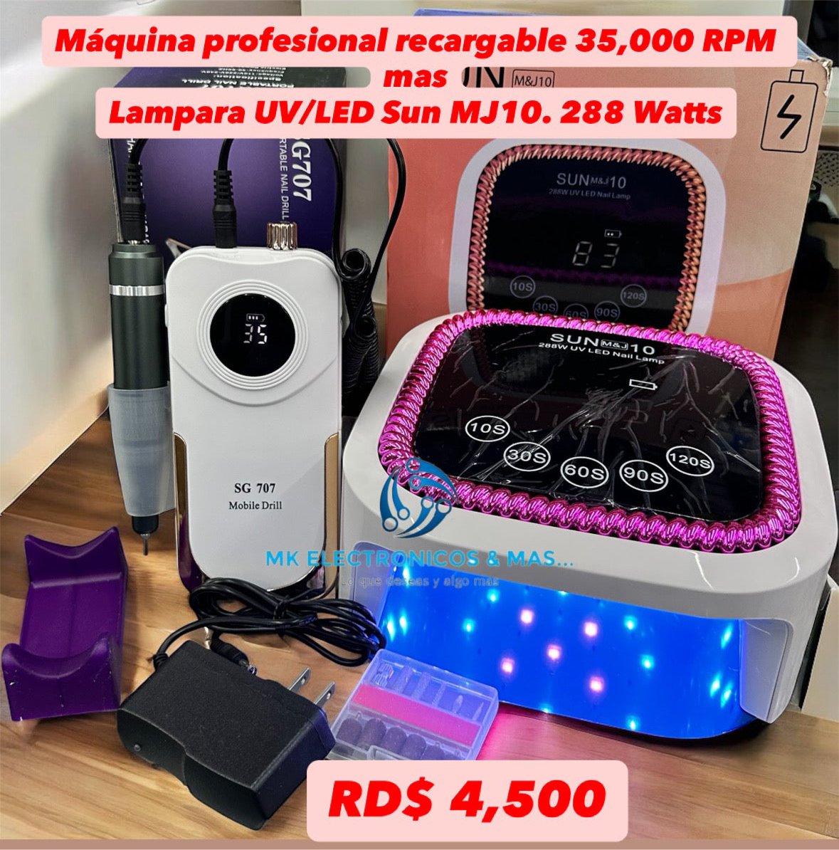 Combo Máquina Profesional Recargable SG707 35,000 RPM + Lampara UV/LED Sun M&J 10 288 Watts