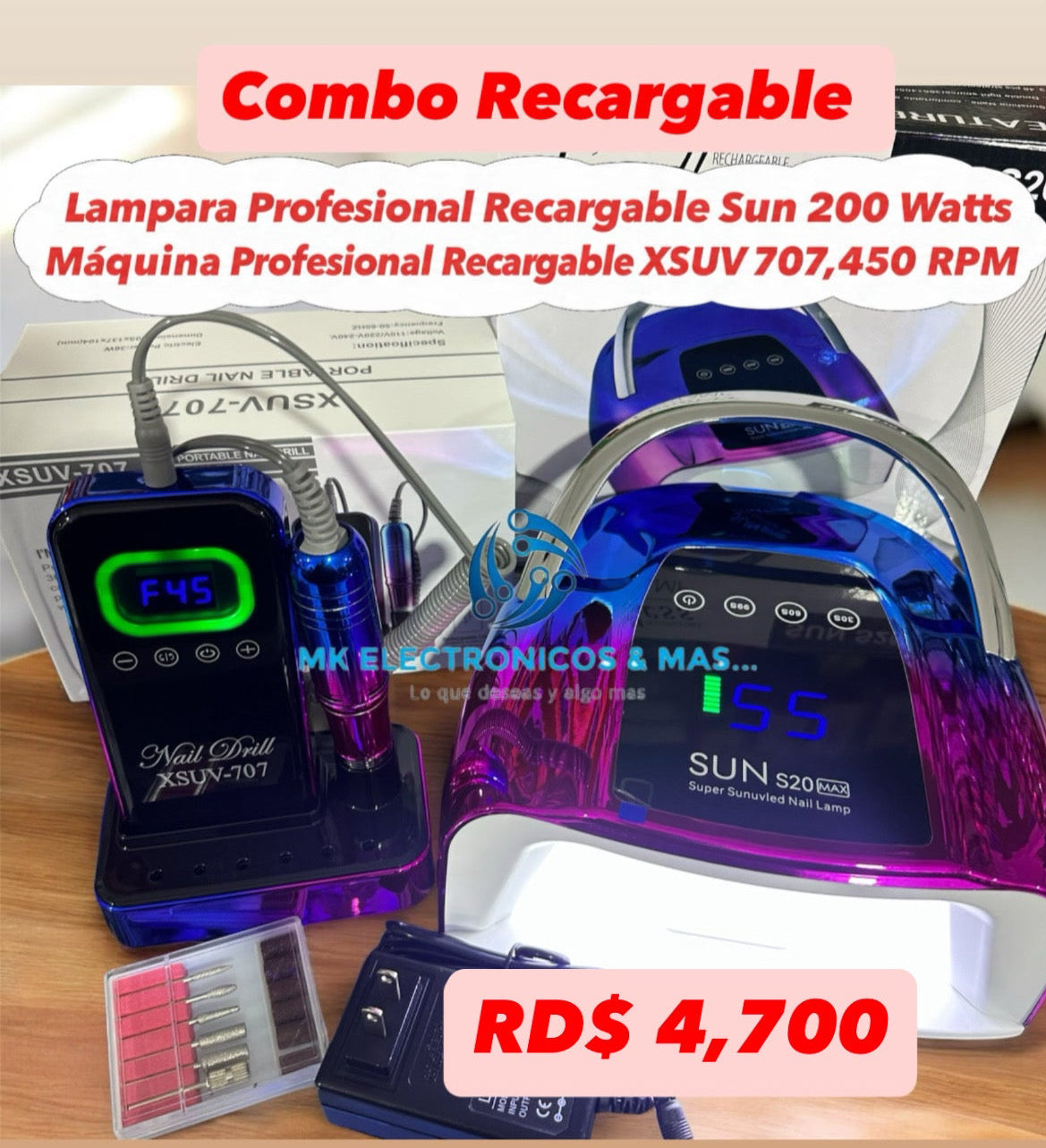 Combo Máquina Profesional Recargable XSUV 707 45,000 RPM + Lampara UV/LED Sun S20 Max 200 Watts