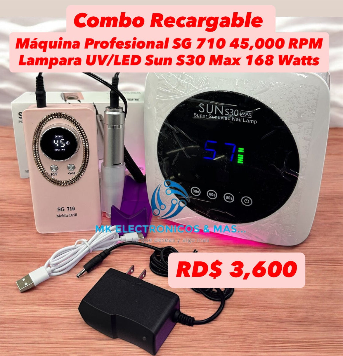 Combo Manicura Recargable SG 710 + Lámpara UV/LED Sun S30 Max 168 Watts