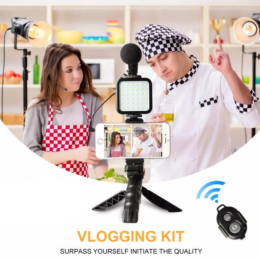 Kit de vlogging para teléfono inteligente con trípode, soporte para teléfono, Mini micrófono, luz de relleno LED y control Bluetooth