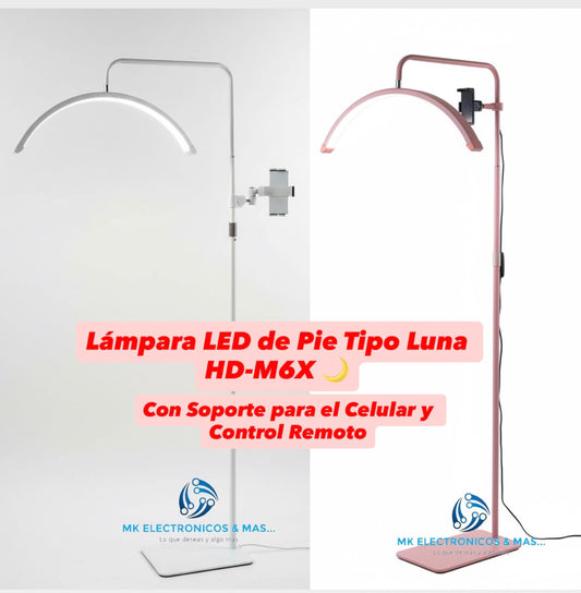 Lámpara LED de Pie Tipo Luna HD-M6X con Soporte para Celular y Control Remoto
