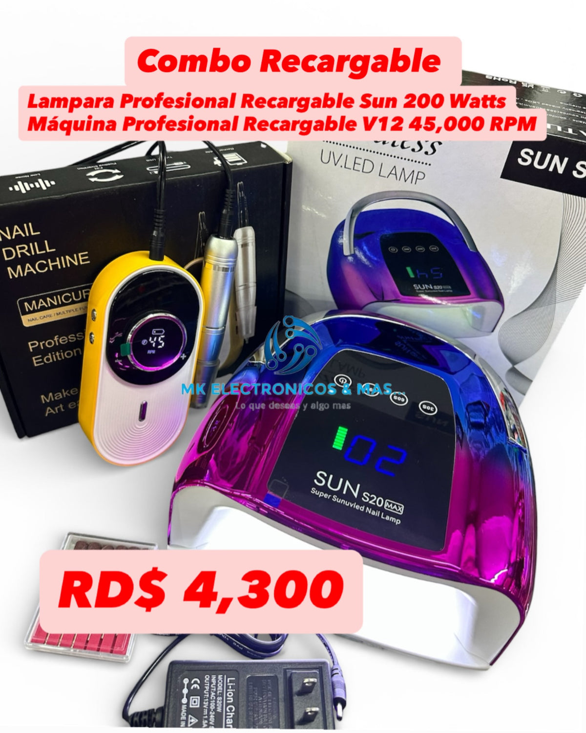 Combo Máquina Profesional Recargable V12 45,000 RPM + Lampara UV/LED Sun S20 Max 200 Watts