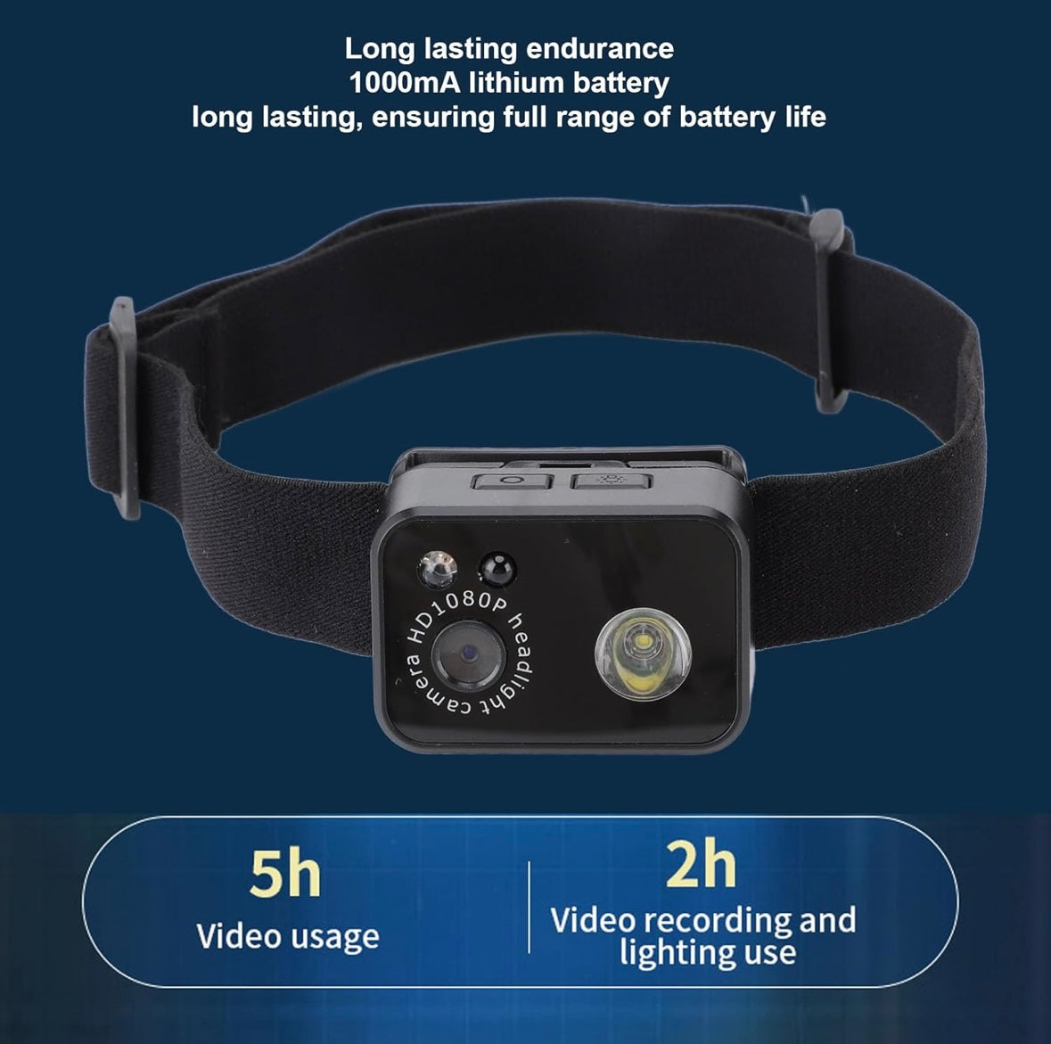 Cámara de acción con luz LED, cámara portátil con linterna frontal de 2MP resolución 1080P, batería de 1000 mAh para aventura nocturna, luz LED de 3 W, compresión H264 de hasta 128 GB de almacenamiento