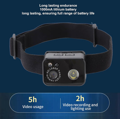 Cámara de acción con luz LED, cámara portátil con linterna frontal de 2MP resolución 1080P, batería de 1000 mAh para aventura nocturna, luz LED de 3 W, compresión H264 de hasta 128 GB de almacenamiento