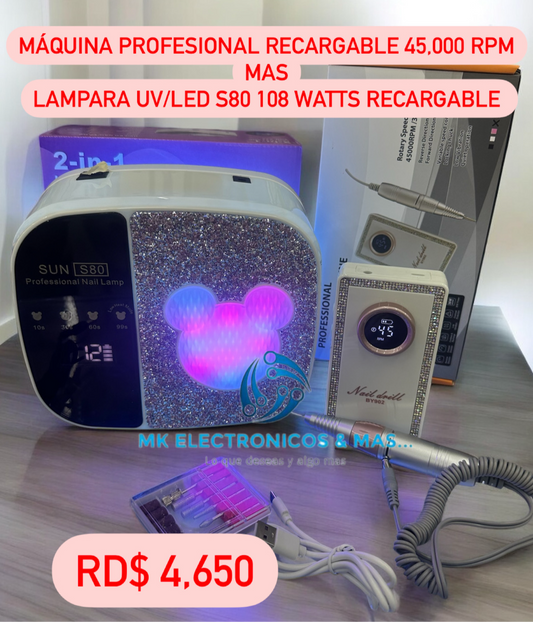 Combo maquina de uñas profesional recargable 45,000 RPM mas Lampara UV/LED Sun S80 108 Watts.