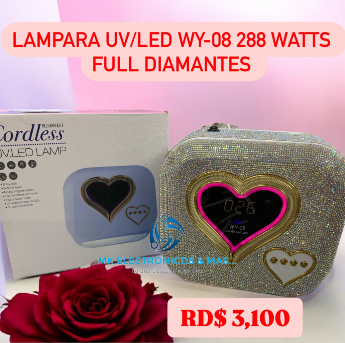Lampara UV/LED Sun WY08 288 Watts recargable diseño full diamantes.