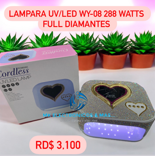 Lampara UV/LED Sun WY08 288 Watts recargable diseño full diamantes.