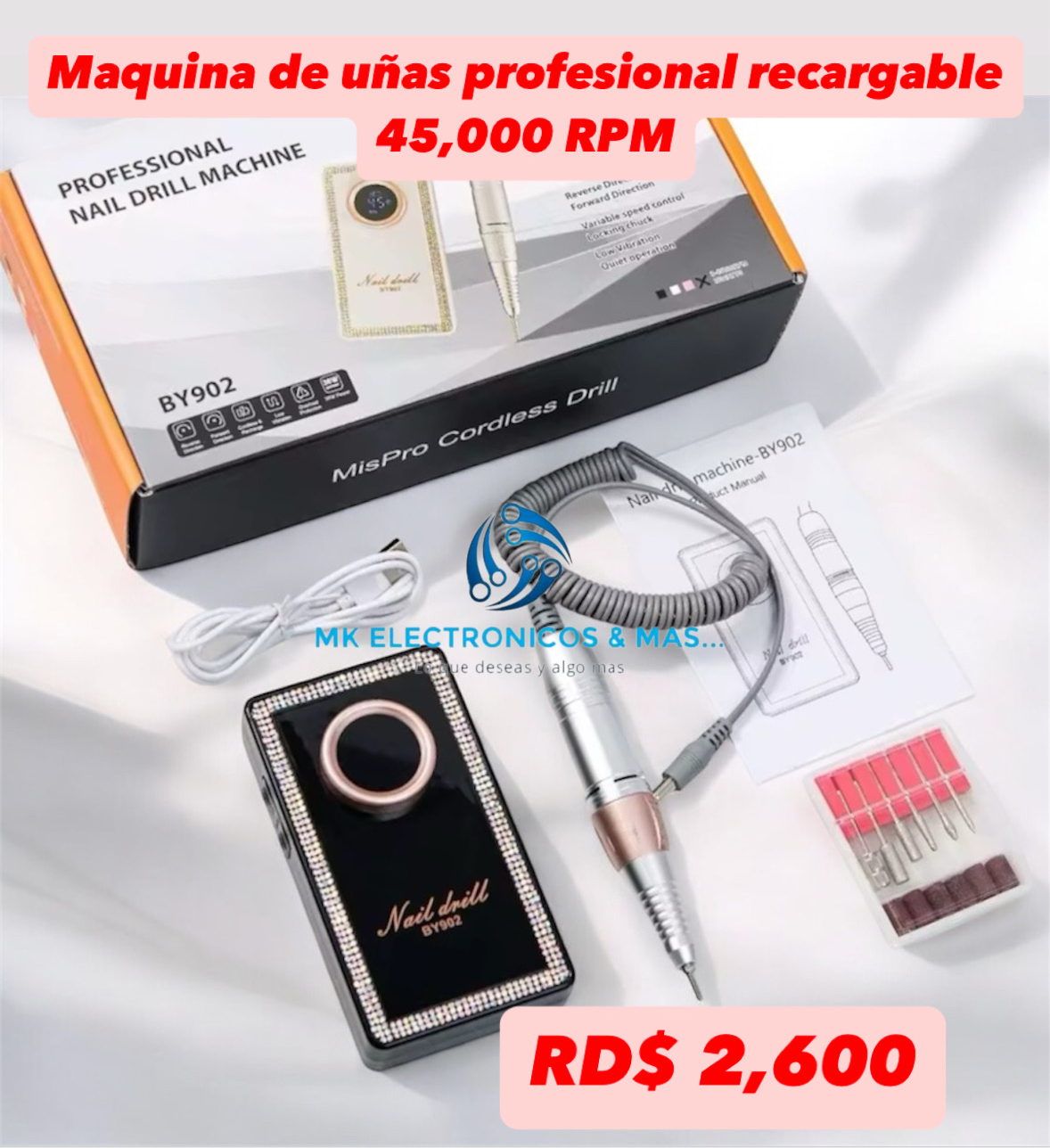 Máquina de uñas profesional recargable BY902 45,000 RPM
