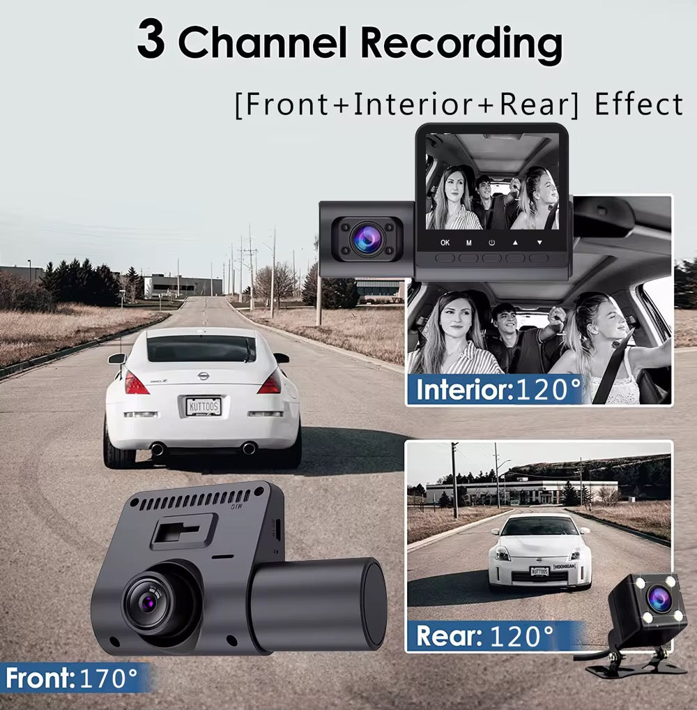 Cámara de seguridad para vehículo, 3 CANALES, DVR para coche, 1080P, cámara interior de tres vías, grabadora de vídeo, registro, Mini videocámara Dashcam