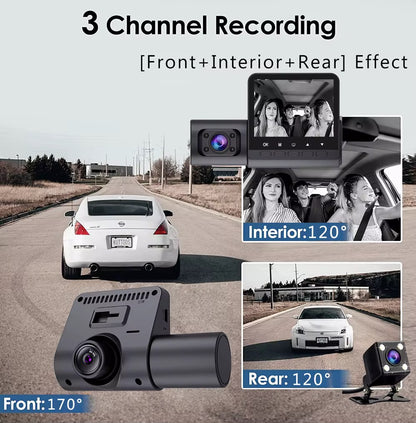 Cámara de seguridad para vehículo, 3 CANALES, DVR para coche, 1080P, cámara interior de tres vías, grabadora de vídeo, registro, Mini videocámara Dashcam