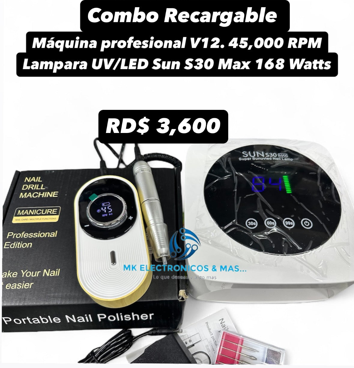 Combo Máquina Profesional Recargable V12 45,000 RPM + Lampara UV/LED Sun S30 Max 168 Watts