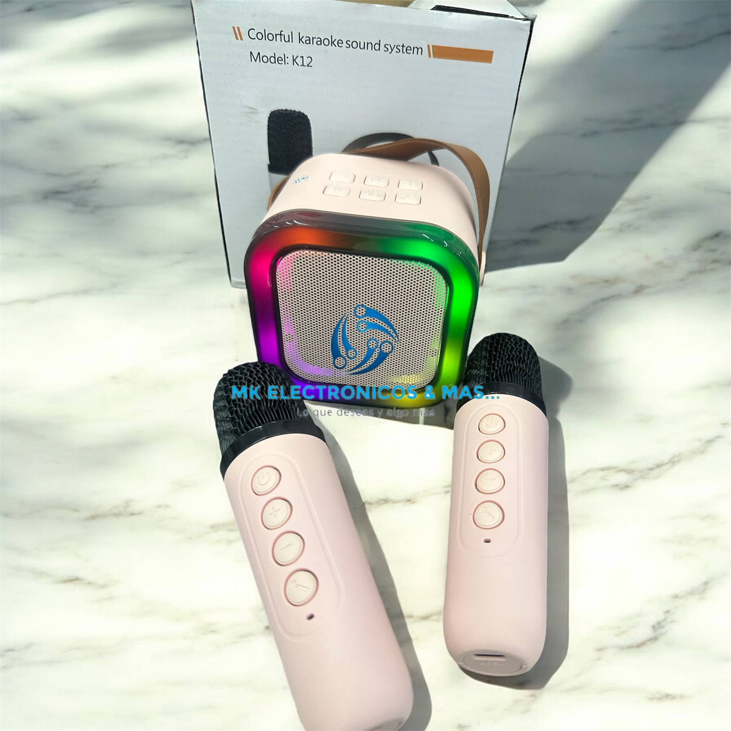 Mini Bocina Bluetooth luces RGB K12 Karaoke con 2 Micrófonos inalámbricos recargables para niños y adultos, para todos los teléfonos inteligentes, cumpleaños, familia, fiesta