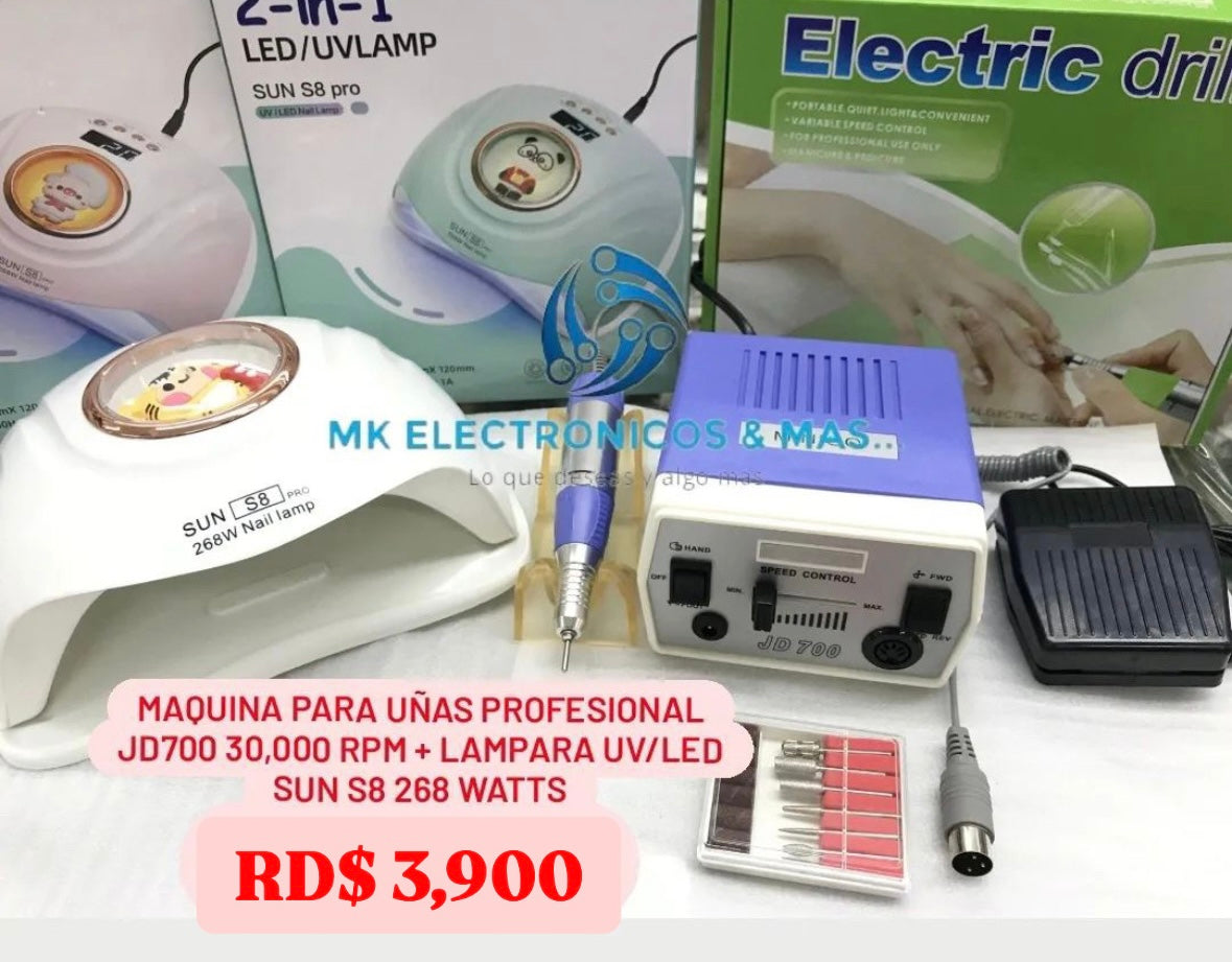 Combo máquina profesional JD400 30,000 RPM más Lampara UV/LED Sun S8 288 Watts