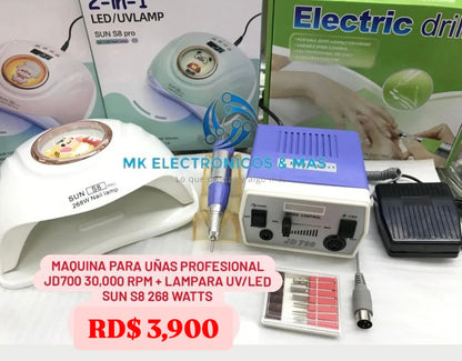Combo máquina profesional JD400 30,000 RPM más Lampara UV/LED Sun S8 288 Watts