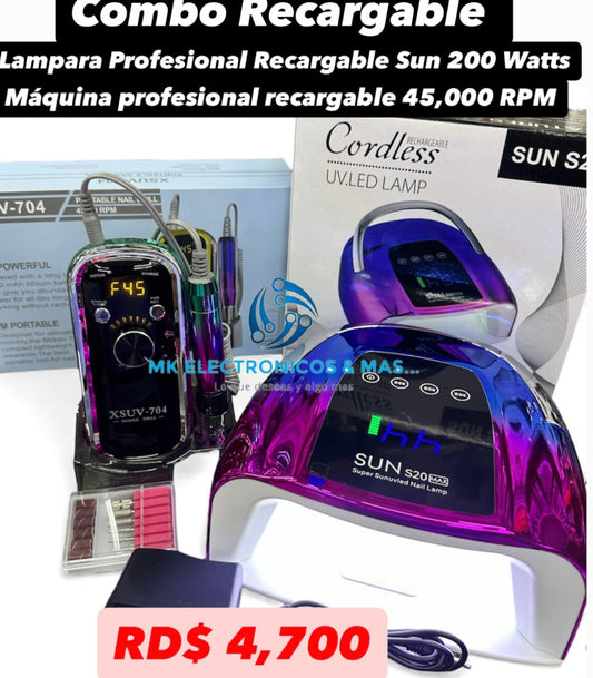 Combo Máquina Profesional Recargable XSUV 45,000 RPM + Lampara UV/LED Sun S20 Max 200 Watts