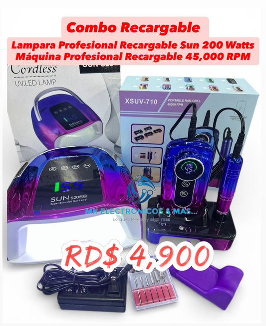 Combo Máquina Profesional Recargable XSUV 710 45,000 RPM + Lampara UV/LED Sun S20 Max 200 Watts
