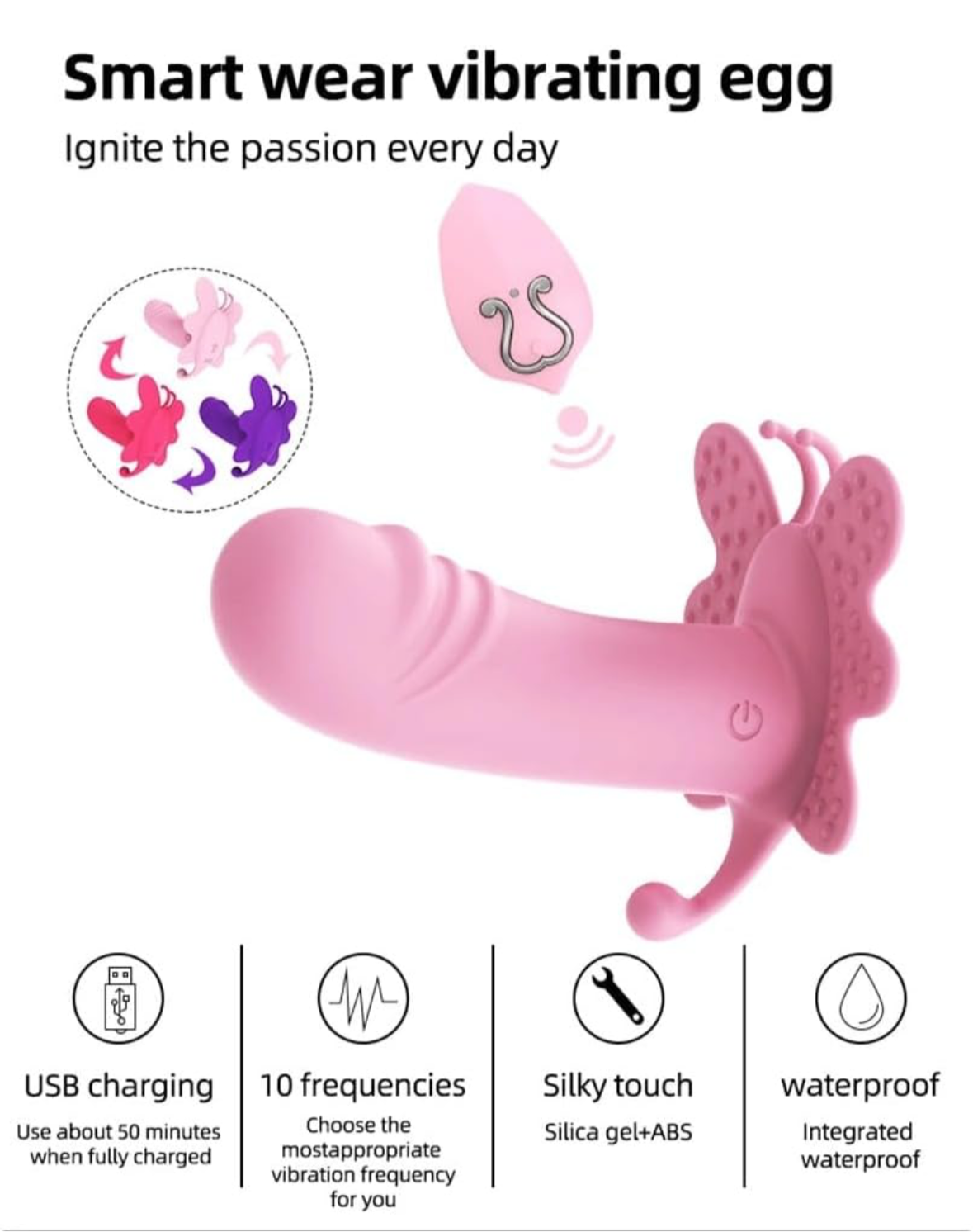 Vibrador Mariposa con control remoto.  10 frecuencias de vibración, a prueba de agua.