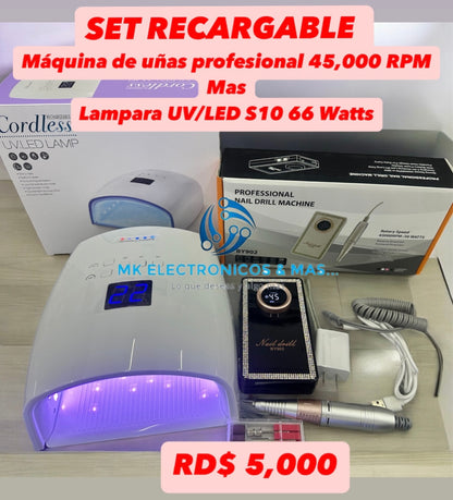 Combo Maquina de uñas profesional recargable y Lampara de Gel Recargable