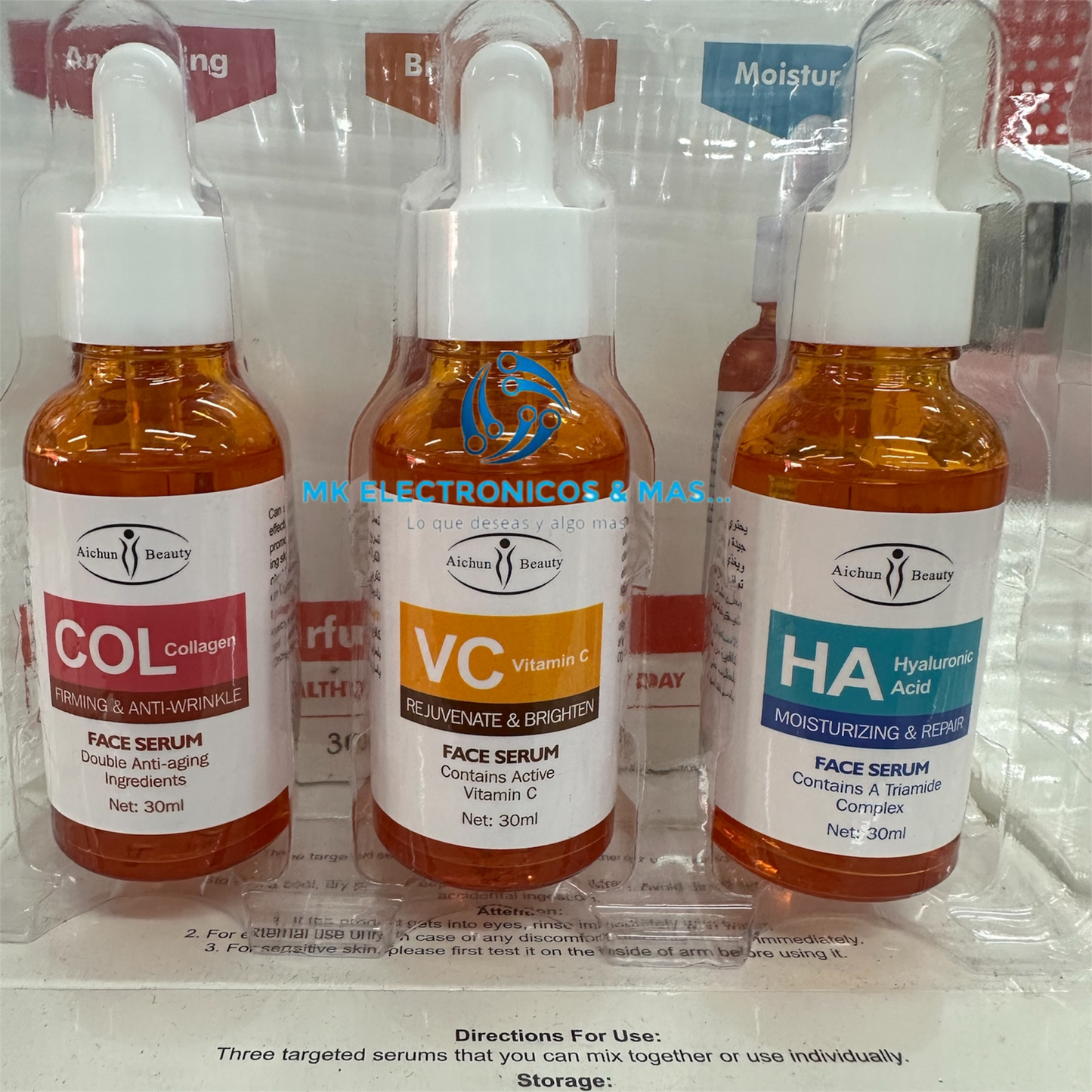 Serum Facial en Set de 3 Formulas. Suero Anti envejecimiento Colageno, Suero Blanqueador Vitamina C y Suero Hidratante Acido Hialuronico Aichun Beauty.