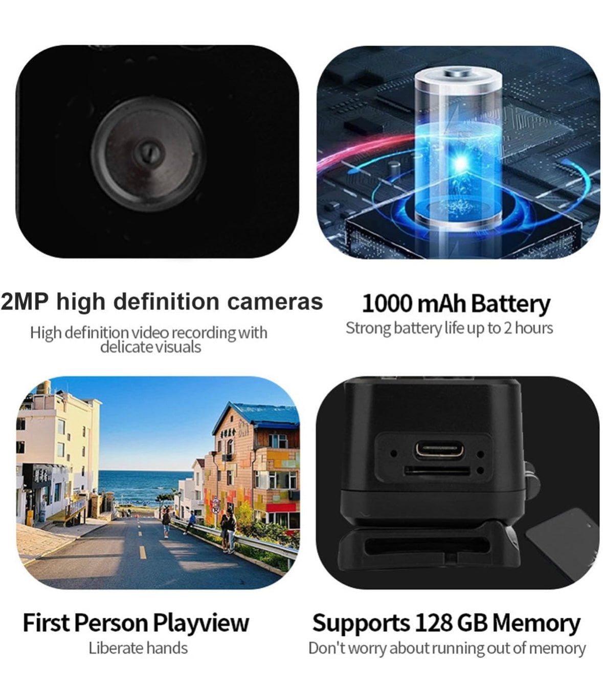 Cámara de acción con luz LED, cámara portátil con linterna frontal de 2MP resolución 1080P, batería de 1000 mAh para aventura nocturna, luz LED de 3 W, compresión H264 de hasta 128 GB de almacenamiento
