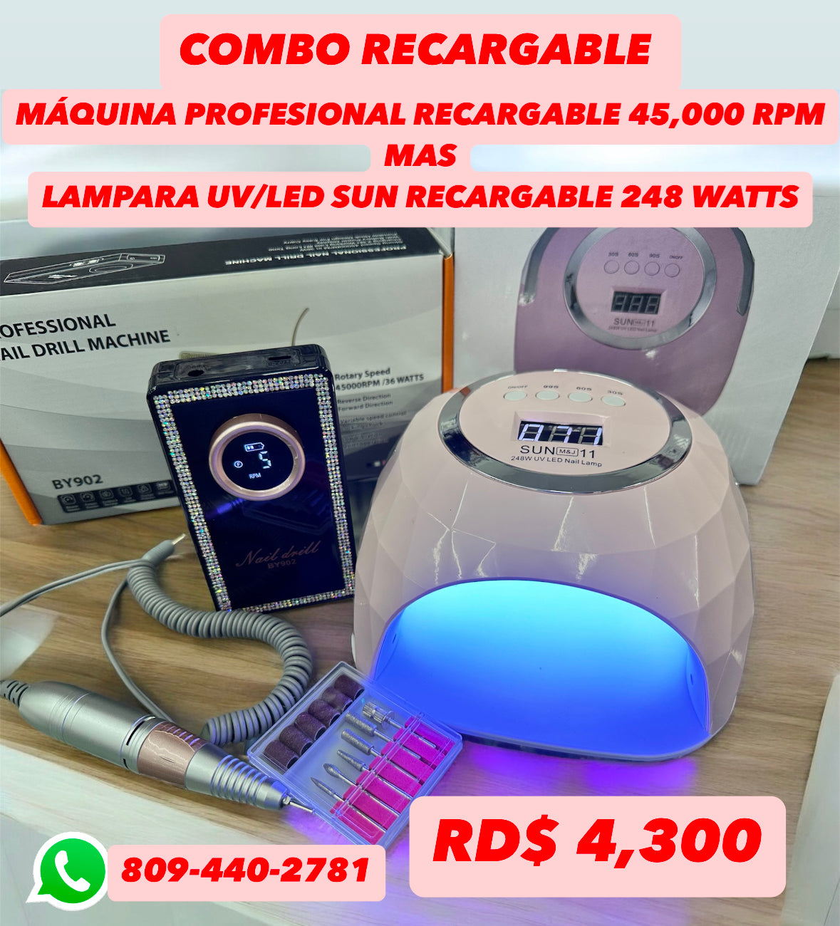Combo Maquina de uñas profesional recargable 45,000 RPM y Lampara UV/LED Recargable 248 Watts