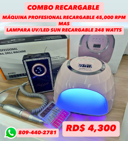 Combo Maquina de uñas profesional recargable 45,000 RPM y Lampara UV/LED Recargable 248 Watts