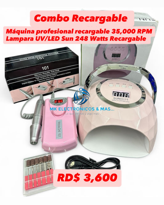 Combo Máquina Profesional Recargable BQ101 35,000 RPM + Lampara UV/LED Sun M&J11 248 Watts