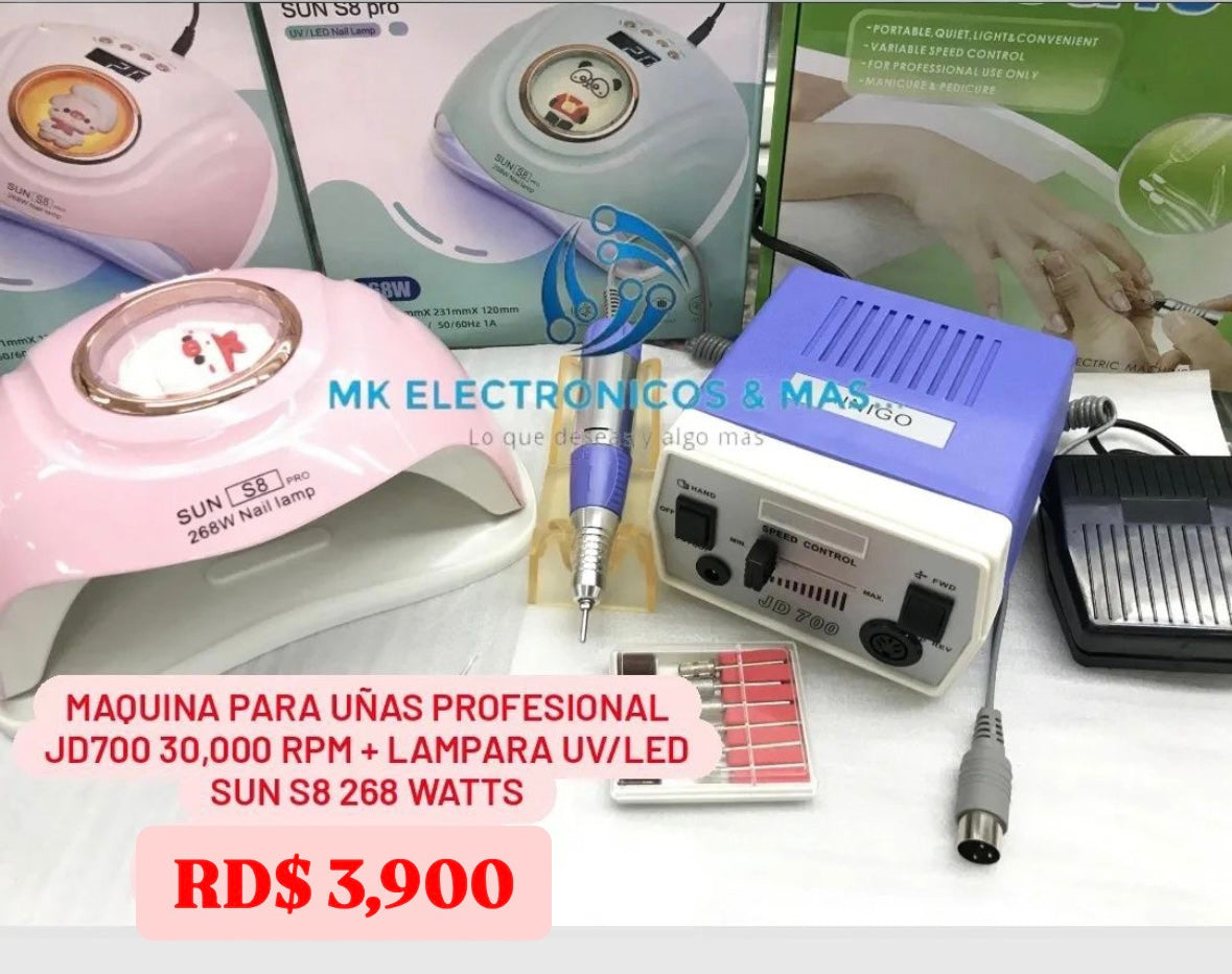 Combo máquina profesional JD400 30,000 RPM más Lampara UV/LED Sun S8 288 Watts