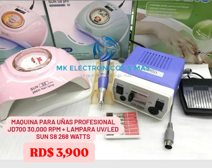 Combo máquina profesional JD400 30,000 RPM más Lampara UV/LED Sun S8 288 Watts