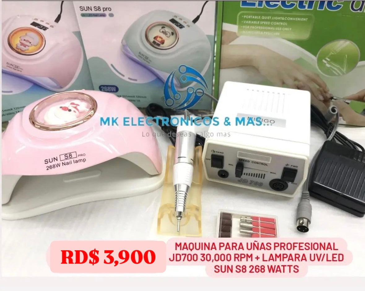Combo máquina profesional JD400 30,000 RPM más Lampara UV/LED Sun S8 288 Watts