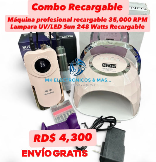 Combo Máquina Profesional Recargable SG707 35,000 RPM + Lampara UV/LED Sun M&J11 248 Watts