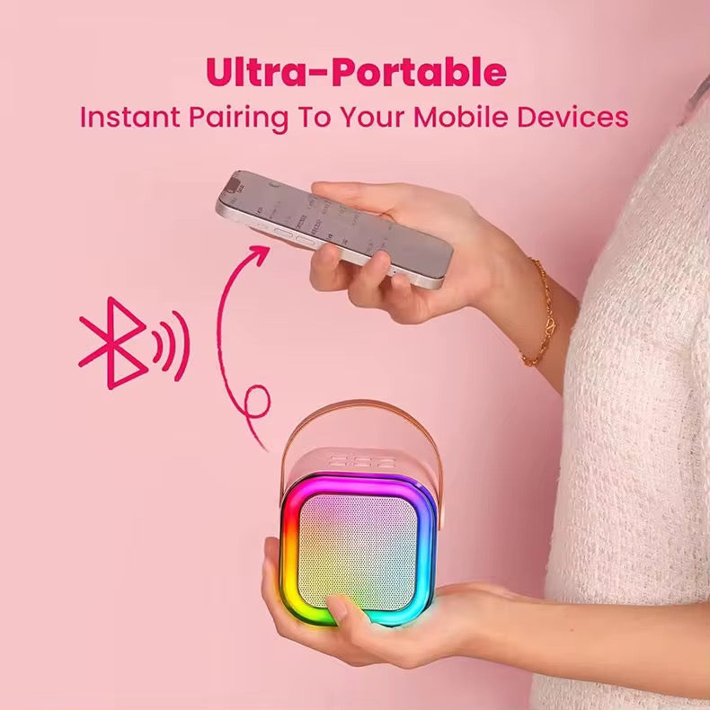 Mini Bocina Bluetooth luces RGB K12 Karaoke con 2 Micrófonos inalámbricos recargables para niños y adultos, para todos los teléfonos inteligentes, cumpleaños, familia, fiesta