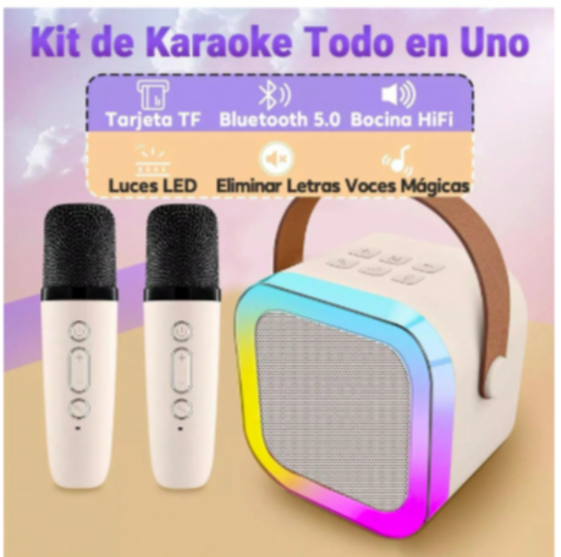 Mini Bocina Bluetooth luces RGB K12 Karaoke con 2 Micrófonos inalámbricos recargables para niños y adultos, para todos los teléfonos inteligentes, cumpleaños, familia, fiesta