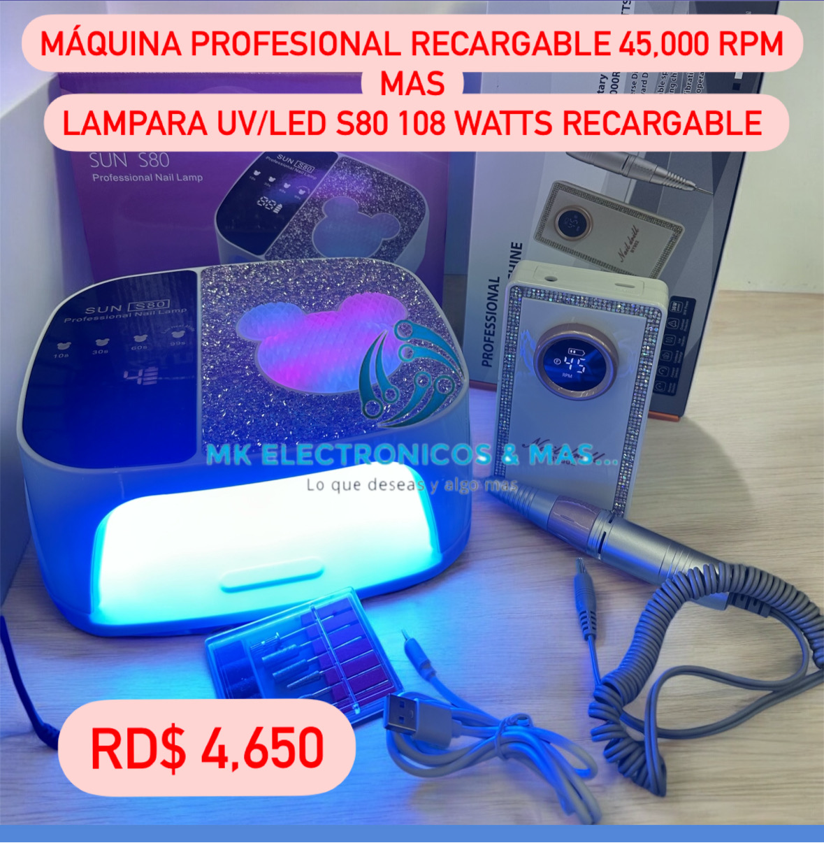 Combo maquina de uñas profesional recargable 45,000 RPM mas Lampara UV/LED Sun S80 108 Watts.