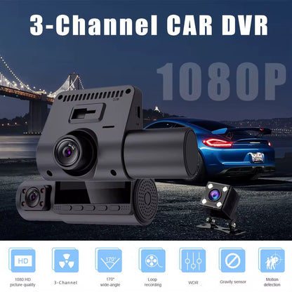 Cámara de seguridad para vehículo, 3 CANALES, DVR para coche, 1080P, cámara interior de tres vías, grabadora de vídeo, registro, Mini videocámara Dashcam