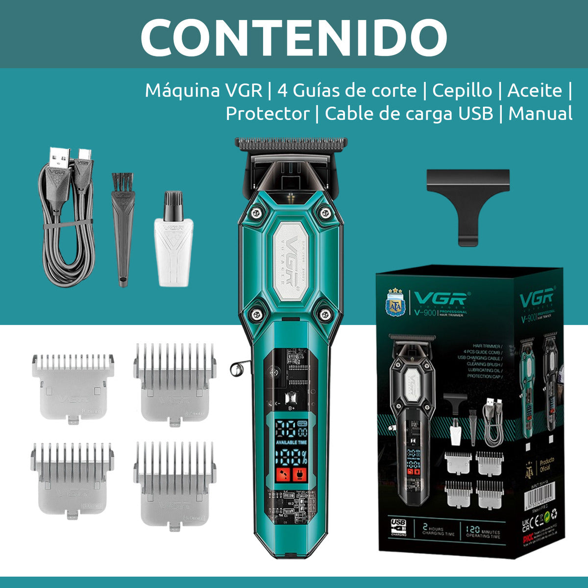 Cortadora de Pelo Profesional VGR V-900 7000RPM | Trimmer Inalámbrico Barbería