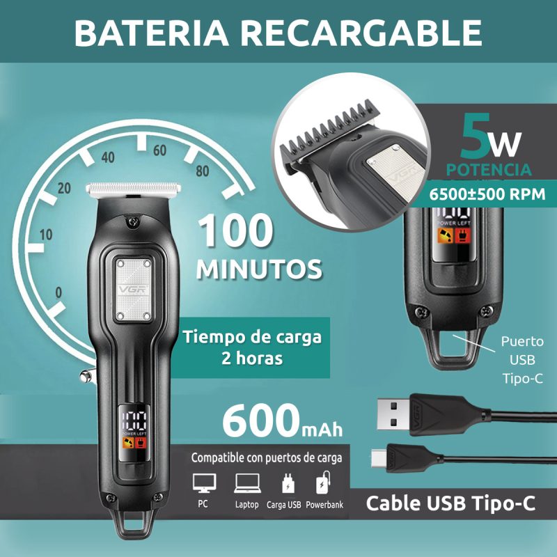 Máquina Trimmer Profesional Recargable VGR V-918 Usb T-Blade