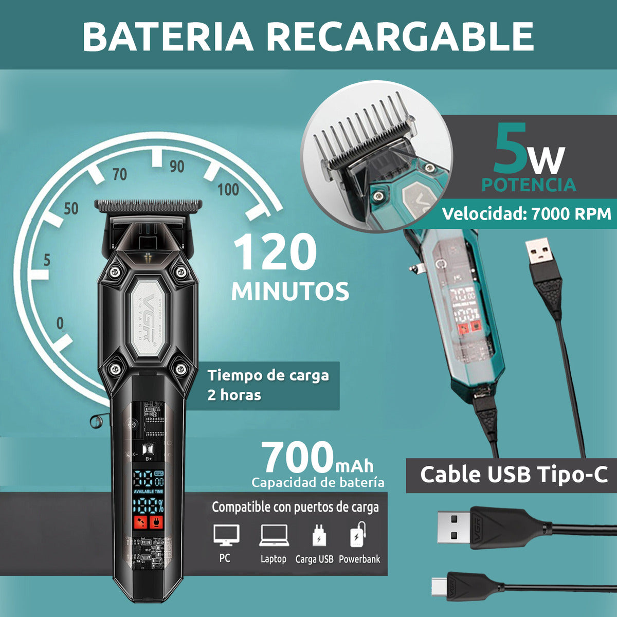 Cortadora de Pelo Profesional VGR V-900 7000RPM | Trimmer Inalámbrico Barbería