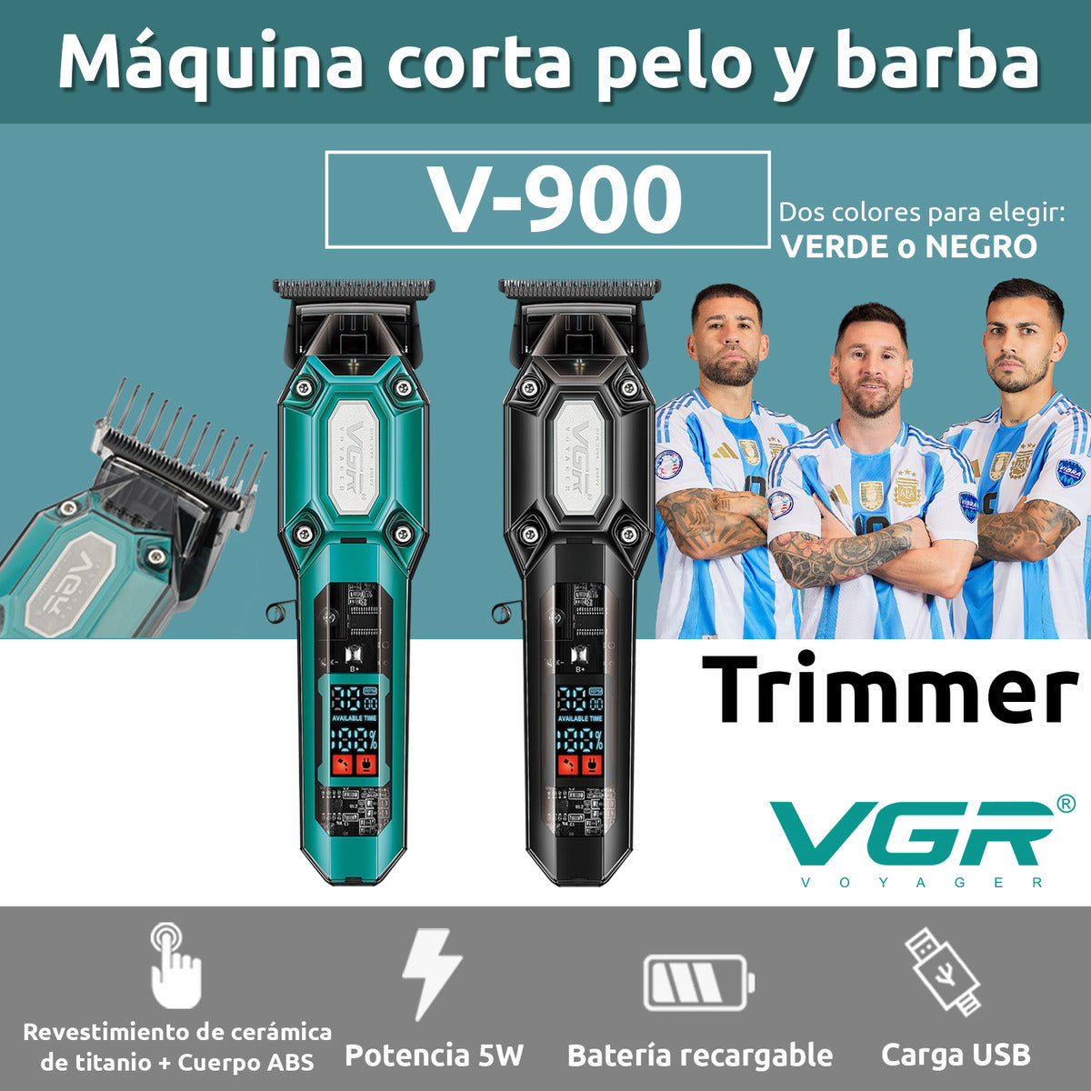 Cortadora de Pelo Profesional VGR V-900 7000RPM | Trimmer Inalámbrico Barbería